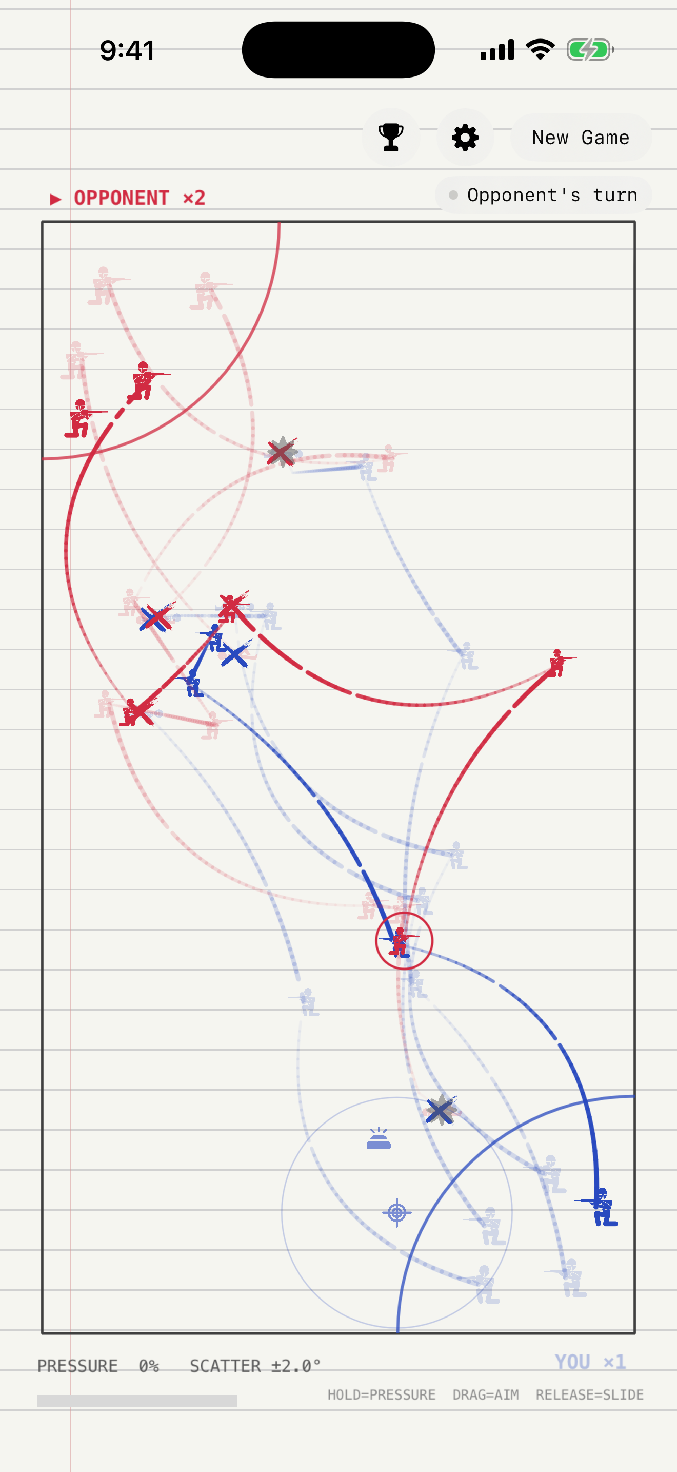 A Pitikan board mid-game: blue and red ink lines across ruled paper, soldiers in each corner