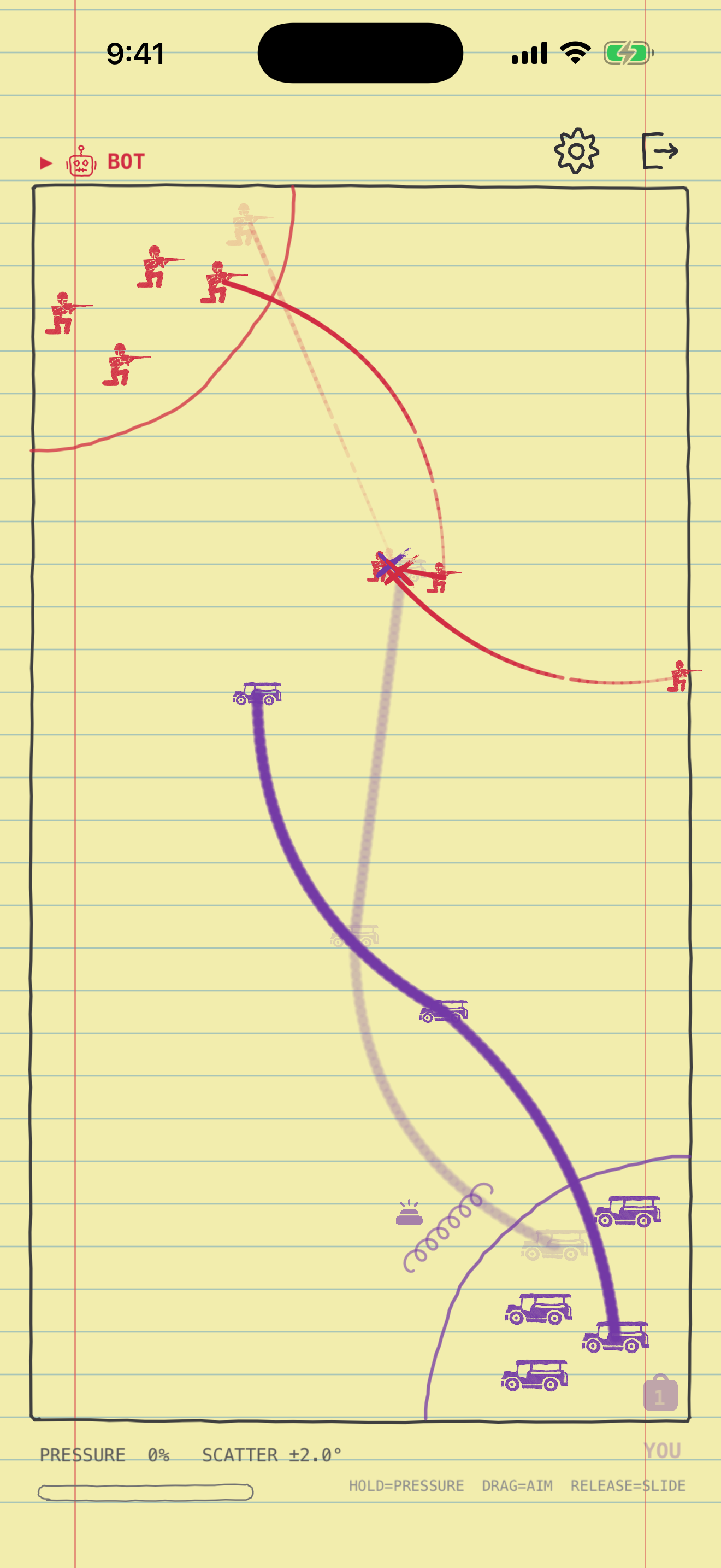 A game on yellow pad paper: purple felt-tip jeepneys against the Bot's soldiers