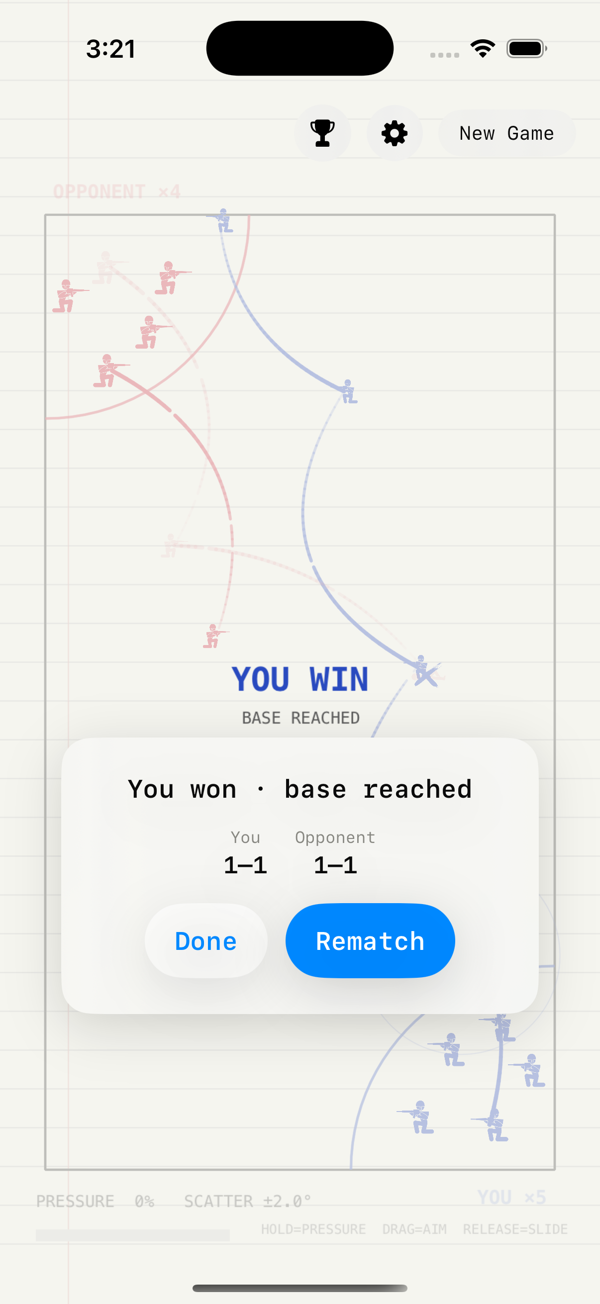 An online game decided by reaching the enemy base, with both players' records