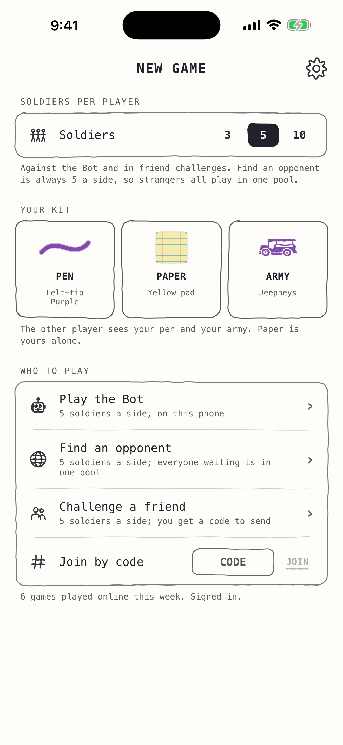 The New game page: soldiers per player, your kit, and who to play