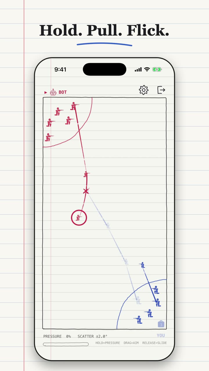 A Pitikan board mid-game, captioned: Hold. Pull. Flick.